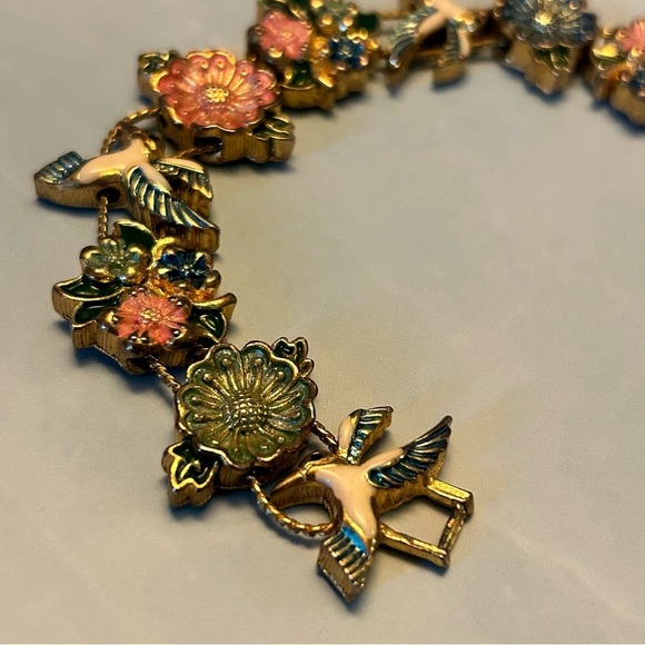 Vintage Gold Tone Enamel Flowers and Hummingbirds Slider Beaded Bracelet - Picture 2 of 5